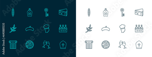 Set line Cheese, Pizza, Italian cook, Wine glass, French beret, Old key, baguette bread and Perfume icon. Vector