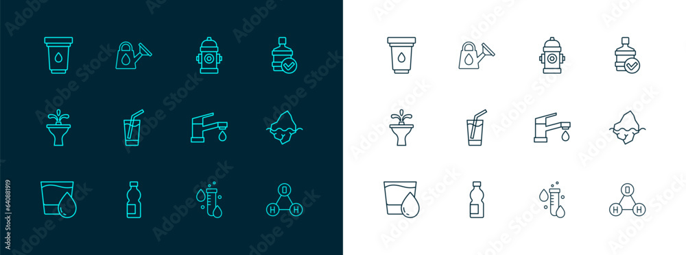 Set line Big bottle with clean water, Bottle of, Water tap, Test tube drop, Glass, Fire hydrant, filter cartridge and Watering can icon. Vector Set line Big bottle with clean water, Bottle of, Water tap, Test tube drop, Glass, Fire hydrant, filter cartridge and Watering can icon. Vector