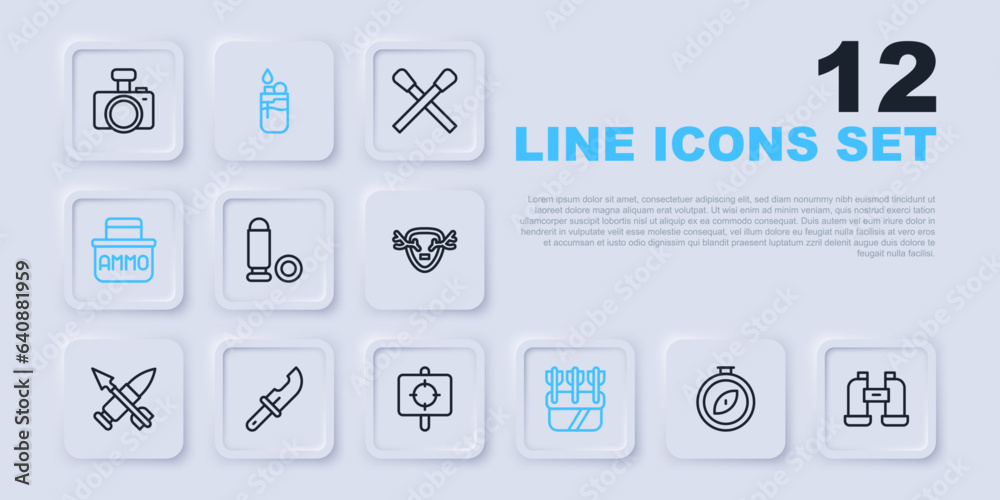 Set line Compass, Binoculars, Bullet, Quiver with arrows, Ammunition box, Hunter knife, Lighter and Target sport icon. Vector Set line Compass, Binoculars, Bullet, Quiver with arrows, Ammunition box, Hunter knife, Lighter and Target sport icon. Vector