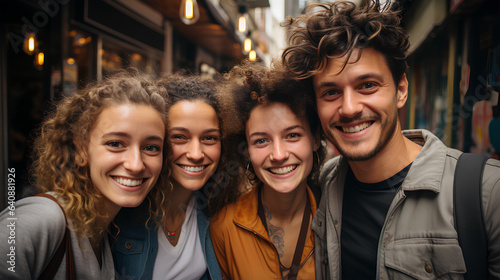 Multikulturelle beste Freunde haben draußen Spaß - Gemischte Gruppe junger Leute lächelt draußen in die Kamera - Freundschaftskonzept mit Jungs und Mädchen, die auf den Straßen der Stadt zusammen unte