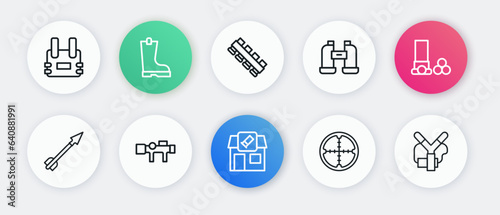 Set line Hunting shop, Cartridges, Medieval arrow, Sniper optical sight, Binoculars, cartridge belt, Slingshot and icon. Vector