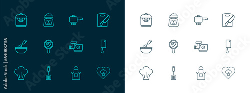 Set line Cutting board and knife, Spatula, Kitchen meat grinder, apron, Fried eggs frying pan, Cooking pot fire, Slow cooker and Scales icon. Vector