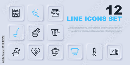 Set line Pizza knife, Microwave oven, Measuring cup and bowl, Cooking pot on fire, Kitchen ladle, Chef hat, Oven glove and icon. Vector