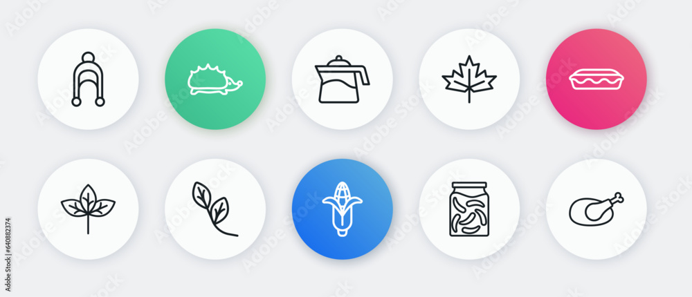 Set line Corn, Homemade pie, Leaf, Pickled cucumbers in jar, Canadian maple leaf, Teapot, Roasted turkey chicken and icon. Vector