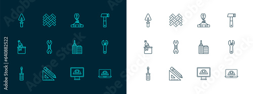 Set line Hammer, Triangular ruler and pencil, City landscape, Worker safety helmet, Wrench spanner, Crane hook, Trowel and Parquet icon. Vector