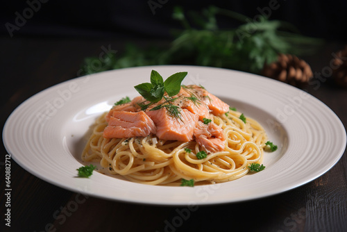 Spaghetti with salmon on top generative AI
