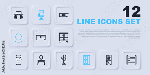Set line Library bookshelf, Bunk bed, TV table stand, Wardrobe, Pouf, Dressing, Office chair and Coat icon. Vector