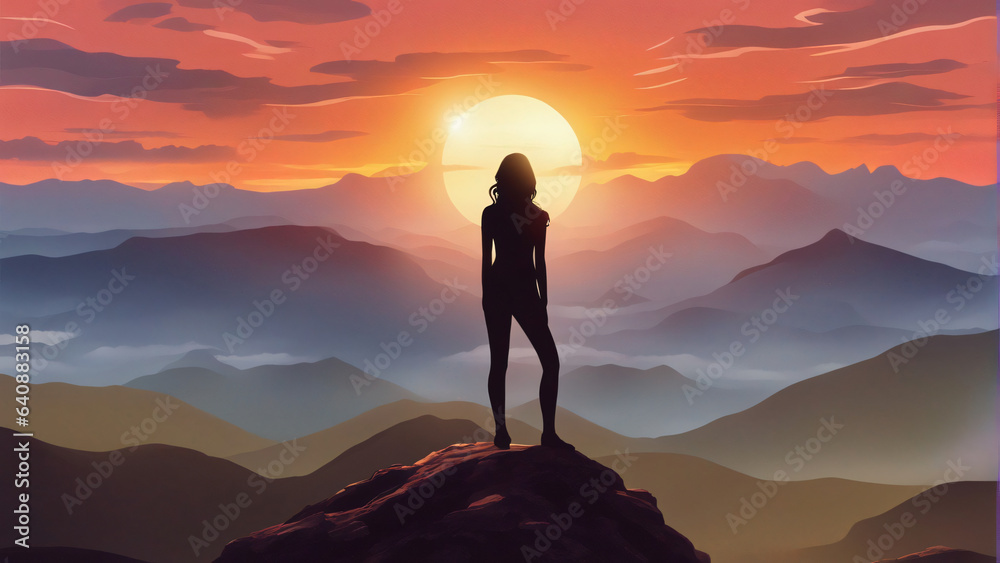 Sunset, woman silhouette on mountain, realistic background with sun light in sky clouds sky 