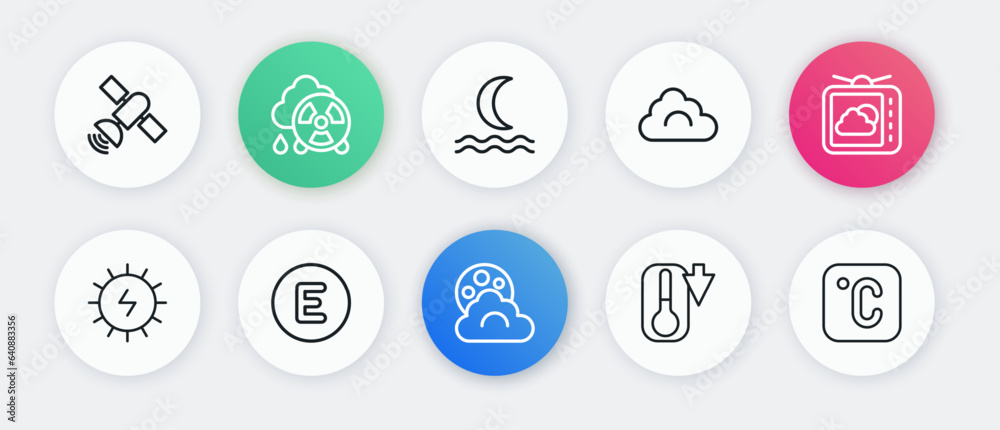 Set line Cloud with moon, Weather forecast, Solar energy panel, Thermometer, Night fog smoke, Celsius and Compass west icon. Vector Set line Cloud with moon, Weather forecast, Solar energy panel, Thermometer, Night fog smoke, Celsius and Compass west icon. Vector