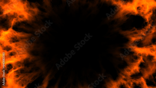 Fire flame as frame. Explosion, burst. Orange smoke texture isolated on black background for web banner, cover, poster, landing page. Danger vibe. Digital illustration 16:9. Dark technology backdrop