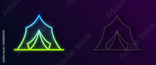 Glowing neon line Circus tent icon isolated on black background. Carnival camping tent. Amusement park. Vector