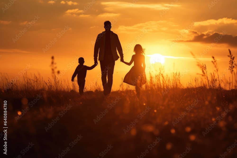 Silhouette of happy family walking in the meadow at sunset
