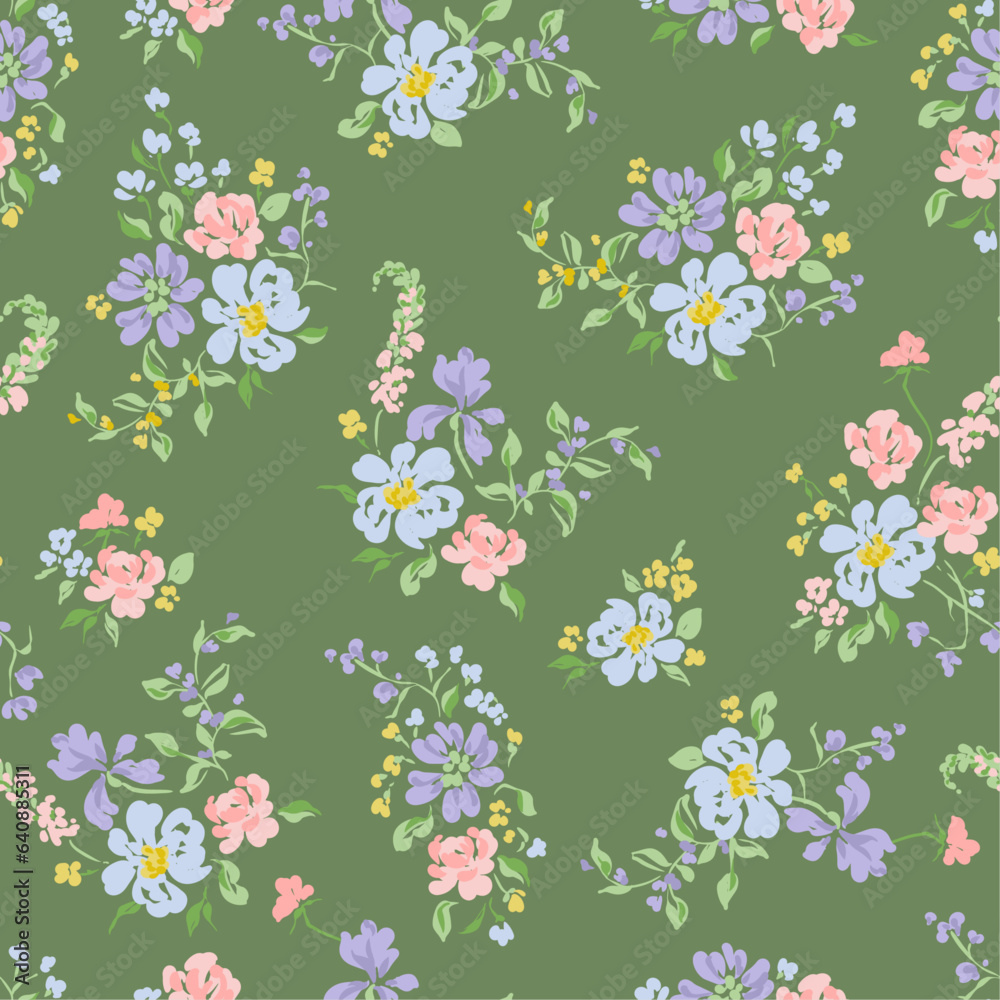 Vector seamless pattern with flowers on green background