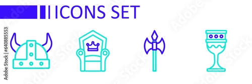 Set line Medieval goblet, axe, throne and Viking in horned helmet icon. Vector