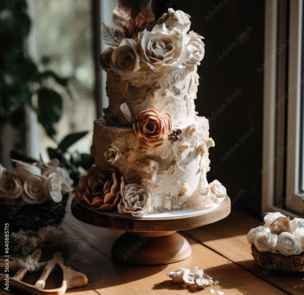 Boho style wedding cake on wooden plate