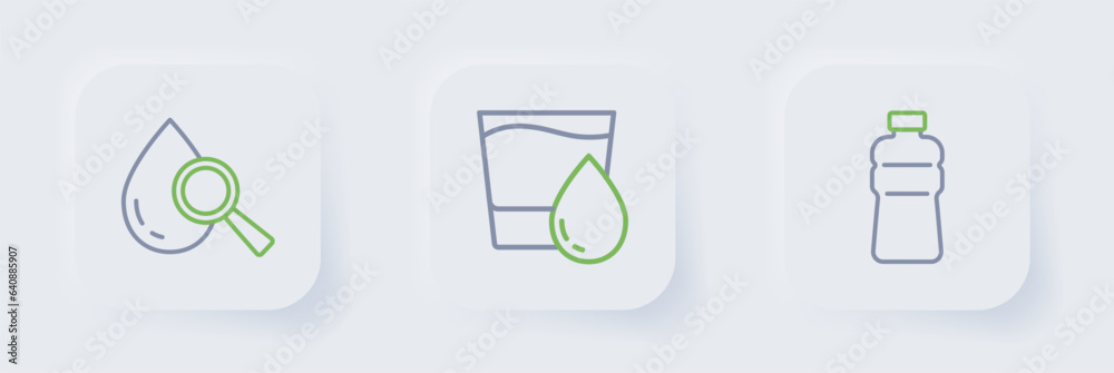 Set line Bottle of water, Glass with and Drop and magnifying glass icon. Vector Set line Bottle of water, Glass with and Drop and magnifying glass icon. Vector