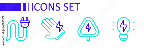 Set line Creative lamp light idea, High voltage, Electric glove and plug icon. Vector