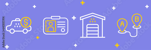 Set line Route location, Garage for taxi car, Taxi driver license and Taximeter device icon. Vector