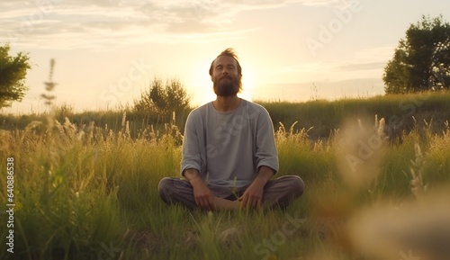 Man meditating outdoors, generative ai.