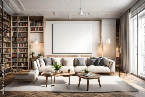 A harmonious living room with a white empty canvas frame for a mockup  framed by bookshelves and inviting relaxation. 