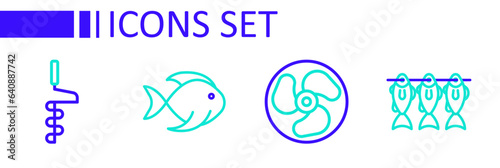 Set line Case or box for fishing equipment, Outboard boat motor, Fishing bucket with and Hand ice drill icon. Vector
