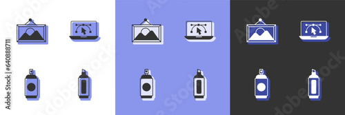 Set Marker pen, Picture landscape, Paint spray can and Computer with design program icon. Vector