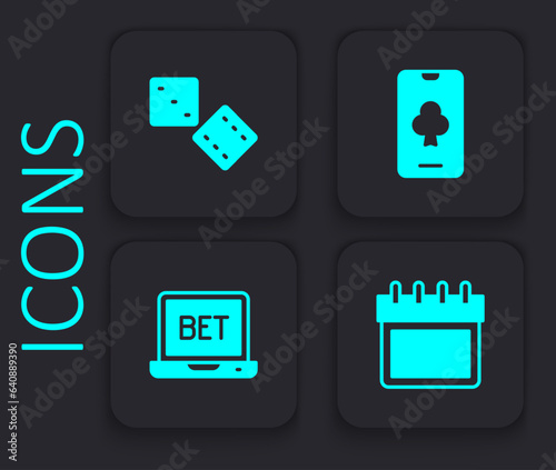 Set Calendar, Game dice, Online poker table game and sports betting icon. Black square button. Vector