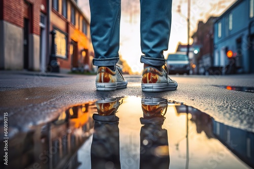 A photo of a person's feet in a pair of trendy sneakers