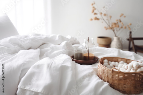 Bed with white sheets, plate with glass jar for planting flowers and basket of cotton flowers.