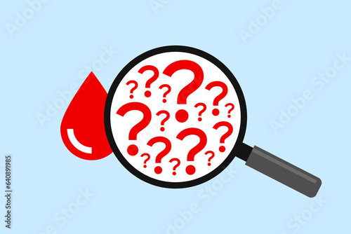 Blood drop and magnifying glass with question marks inside