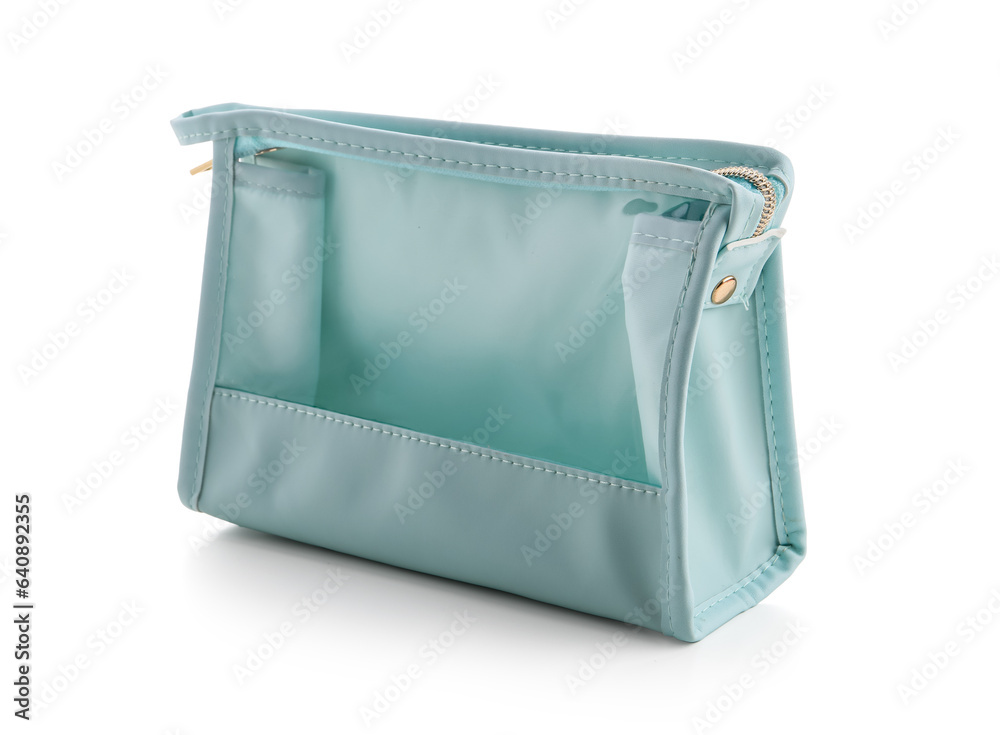 Stylish blue cosmetic bag on white background Stylish blue cosmetic bag on white background