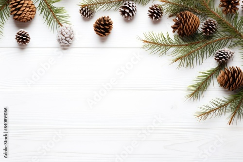 Spruce twigs and cones on white wooden background