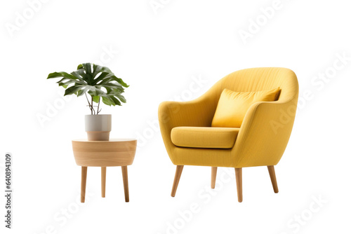 A yellow armchair and a small table with a plant isolated on transparent background, AI, PNG
