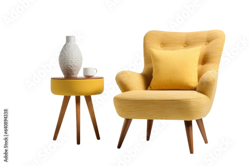 A yellow chair and table with a vase isolated on transparent background, AI, PNG