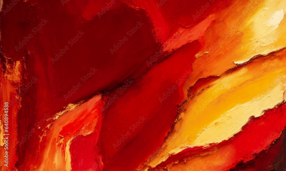 Closeup of abstract rough red and gold color multi colored art painting texture, with oil brushstroke. Generative AI