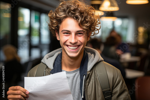 Etudiant heureux et souriant avec un papier dans la main. Happy student smiling with a paper in his hands.