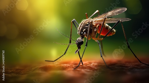 Close-up of a mosquito with blood in its abdomen. Blood-sucking insect. Carrier of dangerous diseases. Illustration for banner, poster, cover, brochure or presentation. © Login