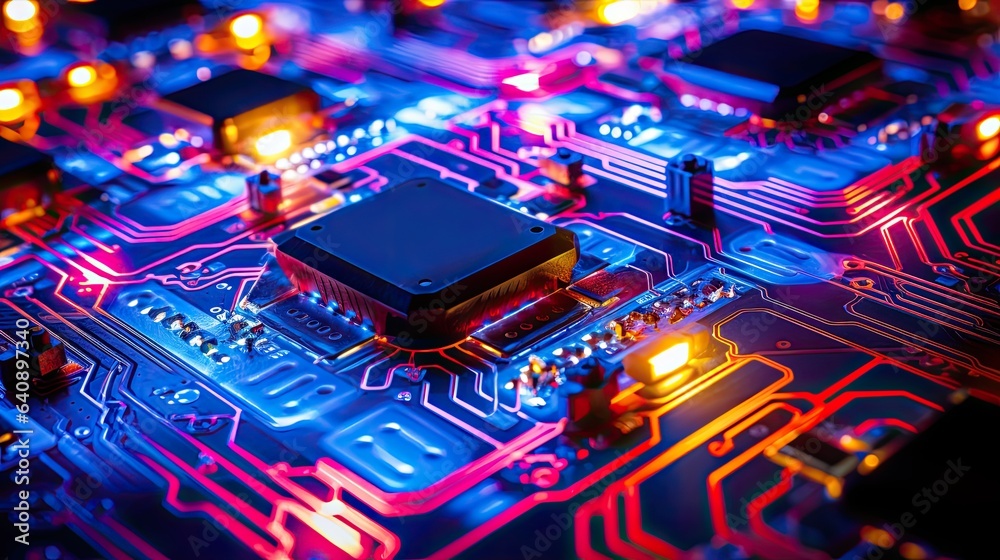 Electronic circuit board or scheme close up. The modern printed-circuit board with electronic components. Abstract technology background.  Illustration for banner, cover, brochure or presentation.
