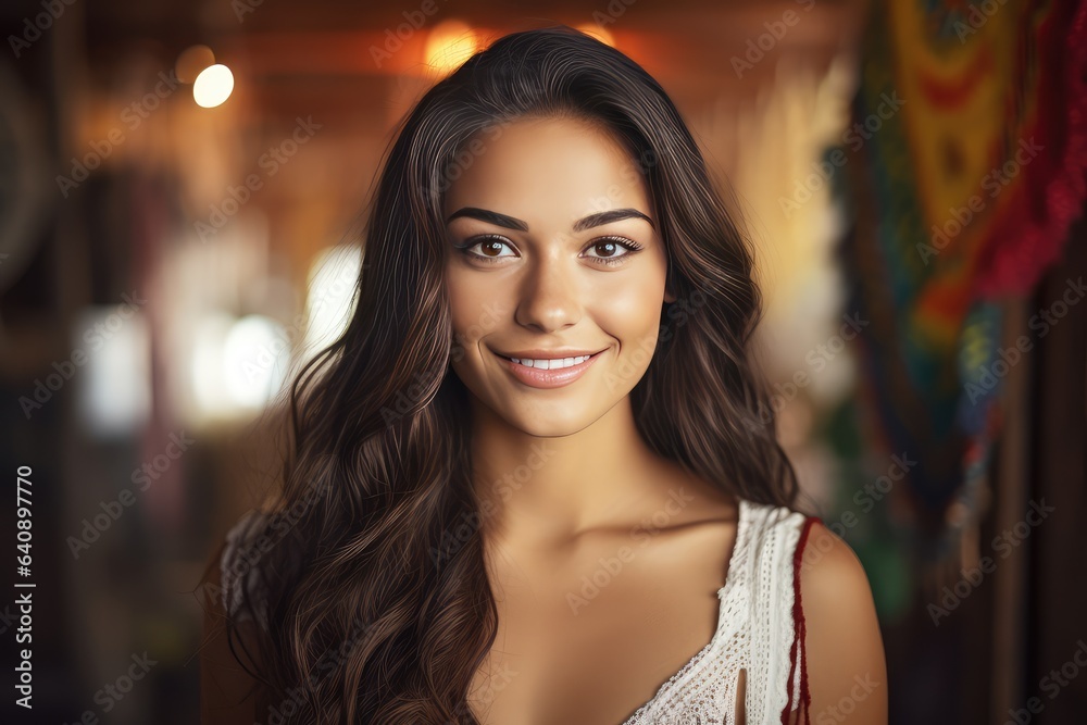 Smiling attractive hispanic young woman looking at the camera