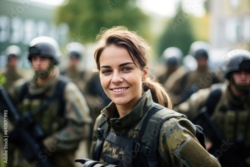 Smiling Young female adult soldier in a soldier's uniform