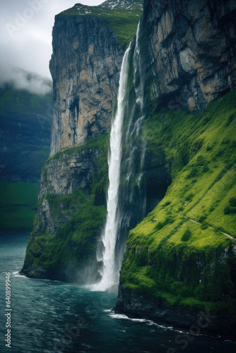 Huge Norwegian cliffs with a beautiful waterfall. Generative AI