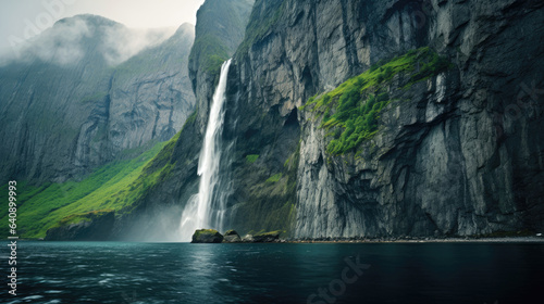 Canvas Print Huge Norwegian cliffs with a beautiful waterfall. Generative AI