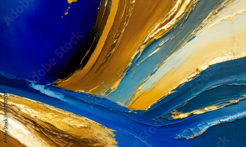 Closeup of abstract rough blue and gold color multi colored art painting texture, with oil brushstroke. Generative AI © designermetin