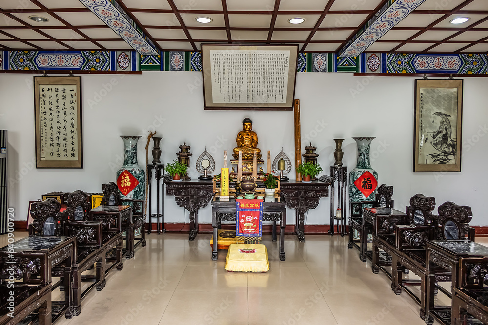 Interior of a pavilion at Giant Wild Goose Pagoda complex, a Buddhist ...