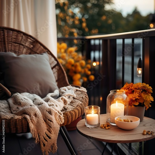 Fototapete Cozy autumn balcony decor, warm fall city balcony decor with chair and pillows,