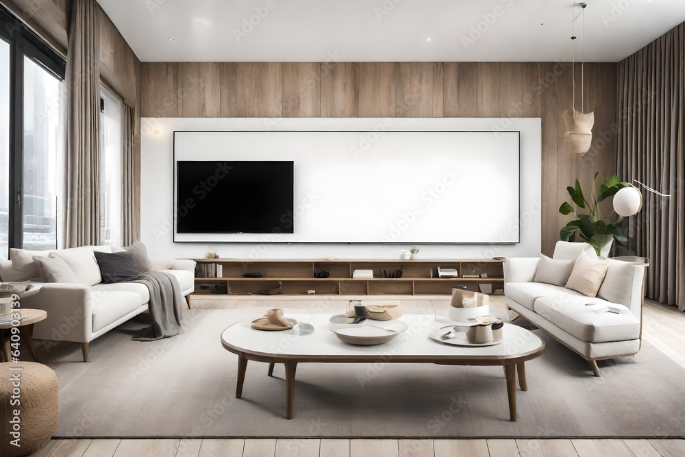 A serene TV lounge room with a pristine white canvas frame for a mockup on the wall, complementing the room's relaxed ambiance.
A serene TV lounge room with a pristine white canvas frame for a mockup on the wall, complementing the room's relaxed ambiance.