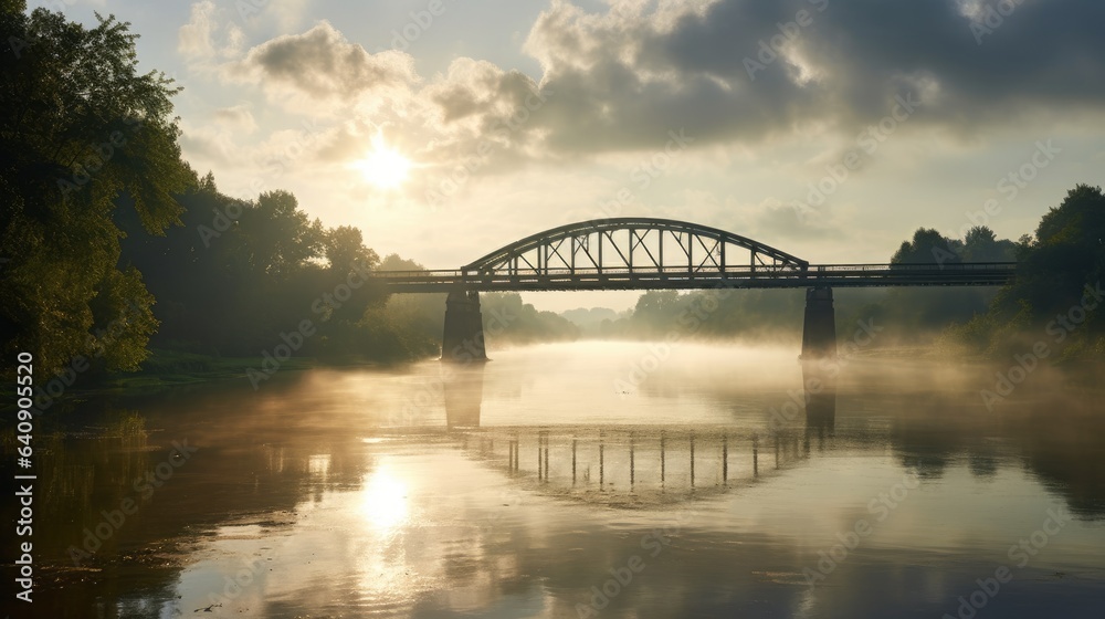 Naklejka premium Beautiful photography of a bridge across the river. Sunny morning. Generative AI