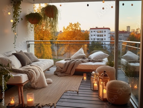 Cozy autumn balcony decor, warm fall city balcony decor with chair and pillows, pumpkins, yellow leaves and candles