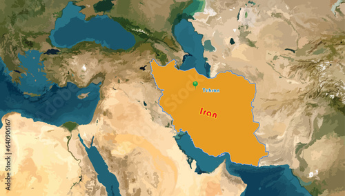 Iran map on the world background.  Islamic Republic of Iran or Persia is in West Asia. It is known for its rich historical artifacts. It has one of the biggest gas reserves in the world. 