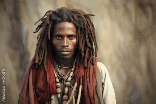 Portrait of a Fictional Traditional Black Sub-Saharan African Man with Dreadlocks in the Savannah. Generative AI.